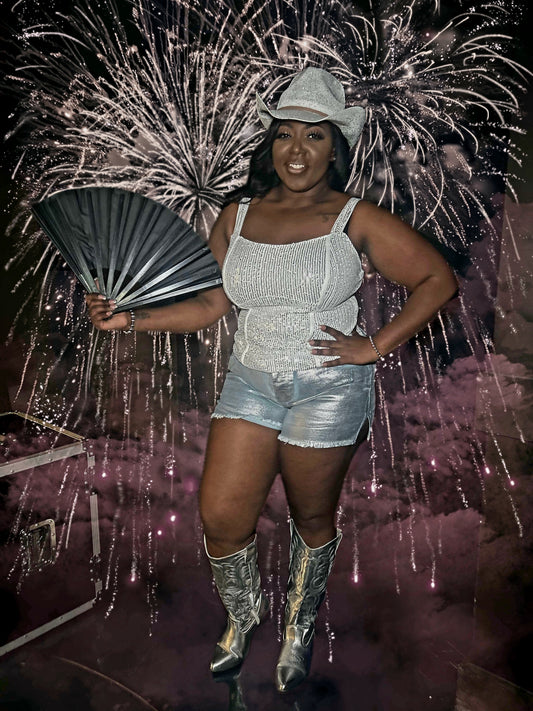 Jazzy " metallic and denim shorts (Silver)