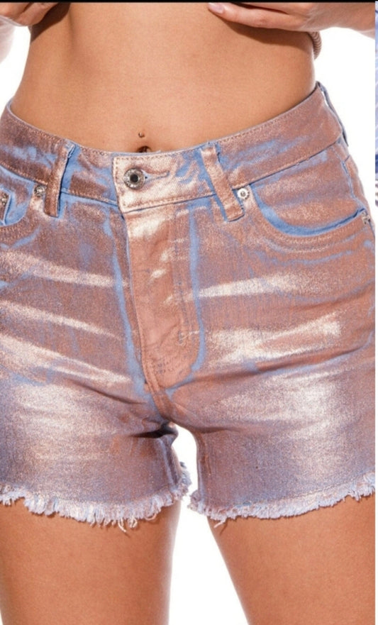 Jazzy " metallic and denim shorts (Rose Gold)