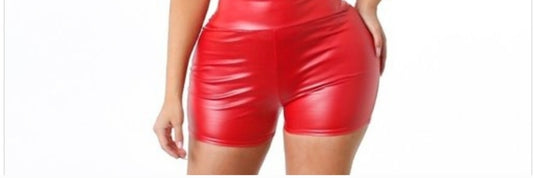 Red faux leather biker shorts