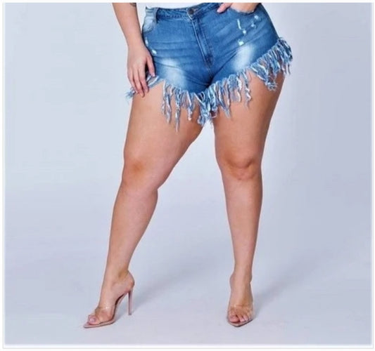 Denim fringe shorts