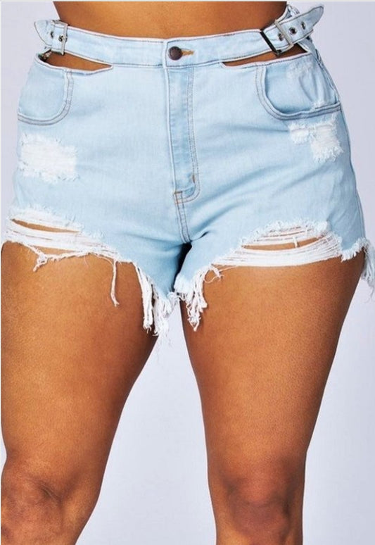 Buckle up " light denim shorts